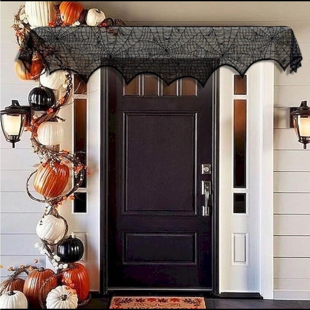 Halloween Decor Set Black Lace Spiderweb Mantle Cover/Scarf, Skulls & Pumpkins - Picture 8 of 8